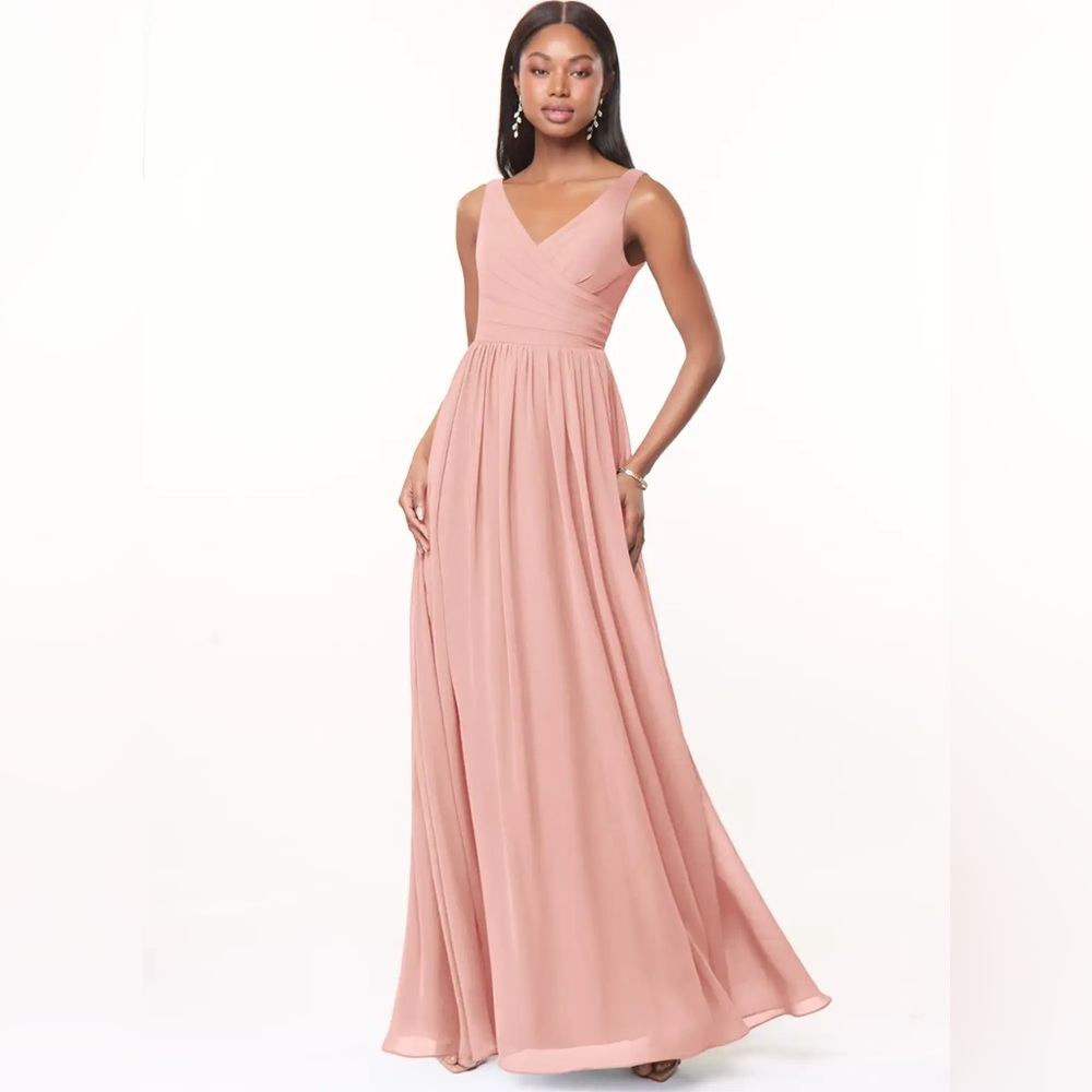 Azazie Keyla Rosette Blush Pink V-Neck Formal Maxi Dress